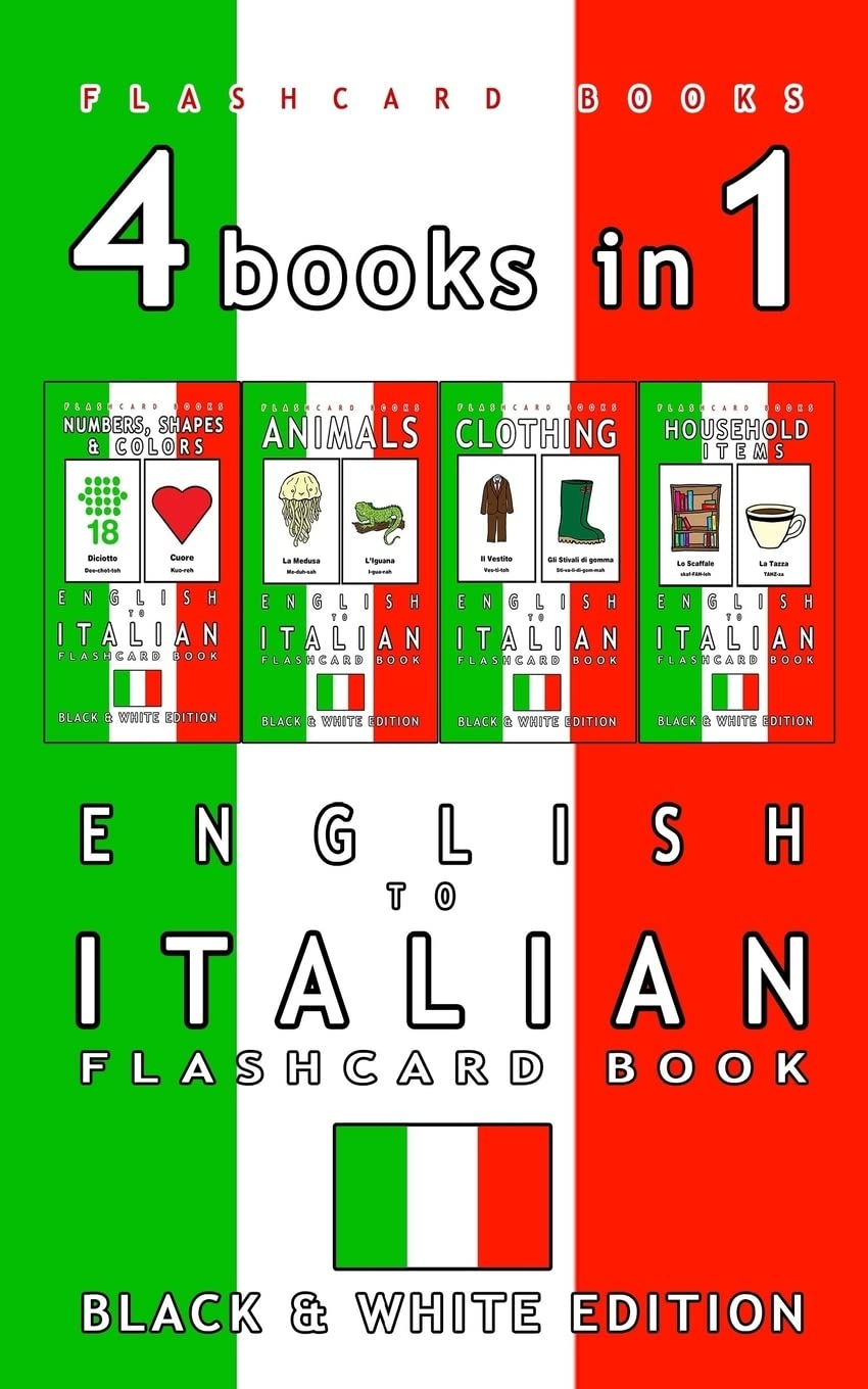4 books in 1 - English to Italian, Flashcard Books BLACK & WHITE 9781973737940